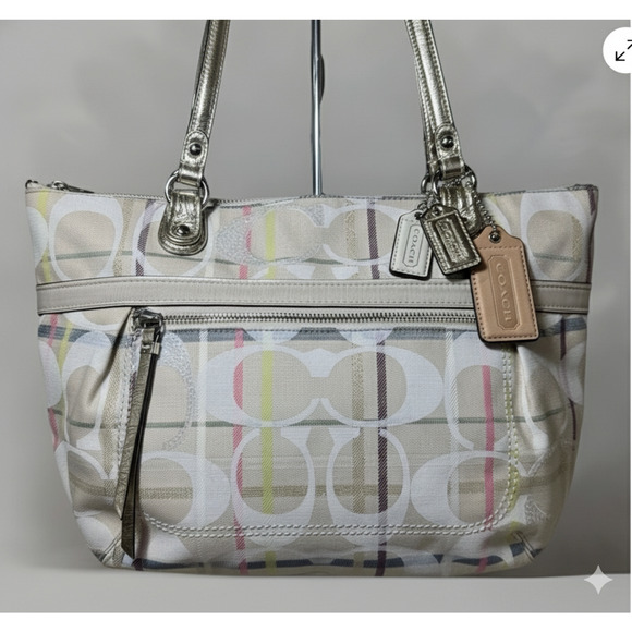 Coach Bag Poppy Glam Tote Tattersall Lurex Sequin Signature Metallic golden Sz-M - Picture 1 of 15